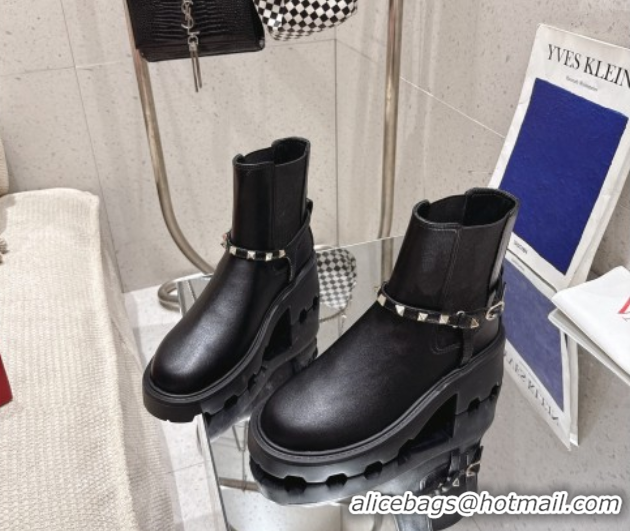 Good Quality Valentino Rockstud Strap Heel Ankle Boots 5.5cm in Calfskin Leather Black 1028012