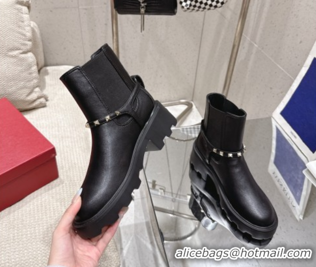 Good Quality Valentino Rockstud Strap Heel Ankle Boots 5.5cm in Calfskin Leather Black 1028012