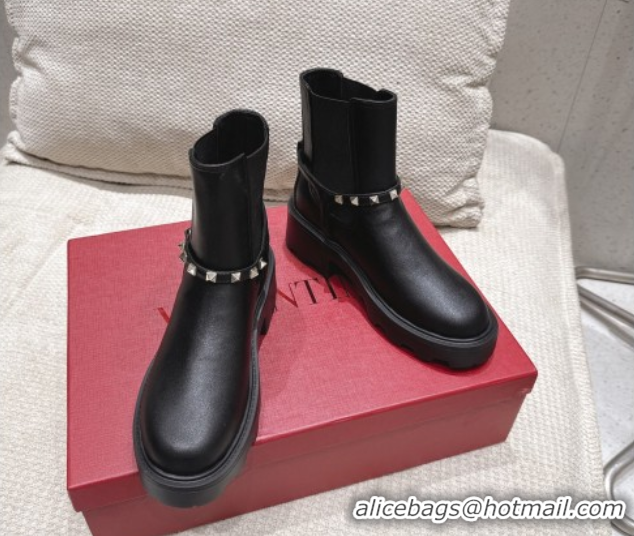 Good Quality Valentino Rockstud Strap Heel Ankle Boots 5.5cm in Calfskin Leather Black 1028012