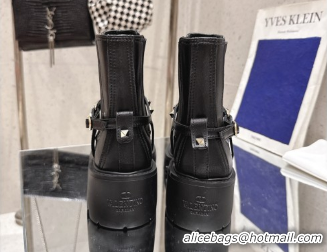 Good Quality Valentino Rockstud Strap Heel Ankle Boots 5.5cm in Calfskin Leather Black 1028012