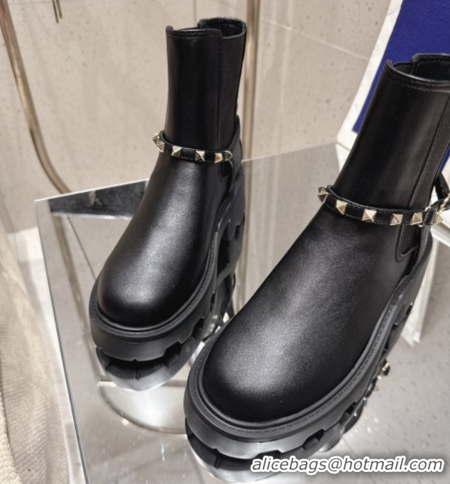 Good Quality Valentino Rockstud Strap Heel Ankle Boots 5.5cm in Calfskin Leather Black 1028012