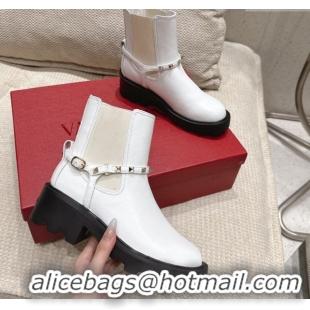 Good Product Valentino Rockstud Strap Heel Ankle Boots 5.5cm in Calfskin Leather White 1028013