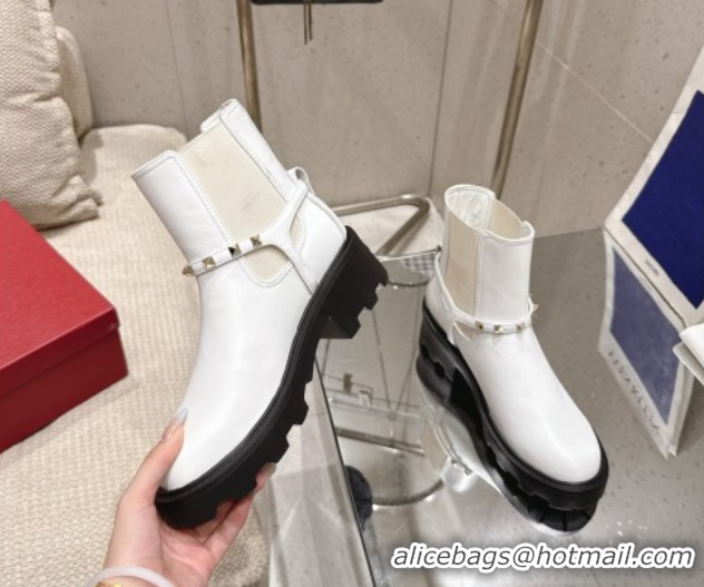 Good Product Valentino Rockstud Strap Heel Ankle Boots 5.5cm in Calfskin Leather White 1028013