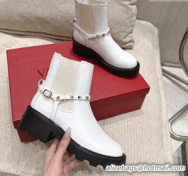 Good Product Valentino Rockstud Strap Heel Ankle Boots 5.5cm in Calfskin Leather White 1028013
