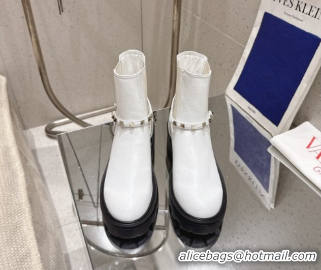 Good Product Valentino Rockstud Strap Heel Ankle Boots 5.5cm in Calfskin Leather White 1028013