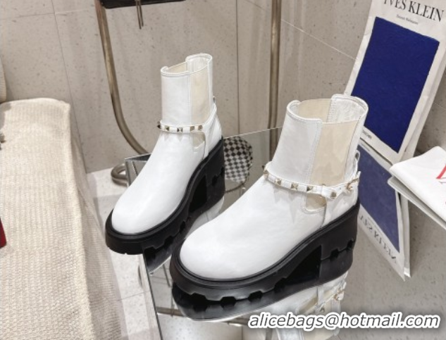 Good Product Valentino Rockstud Strap Heel Ankle Boots 5.5cm in Calfskin Leather White 1028013