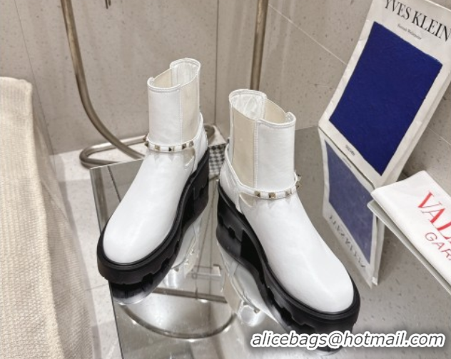 Good Product Valentino Rockstud Strap Heel Ankle Boots 5.5cm in Calfskin Leather White 1028013