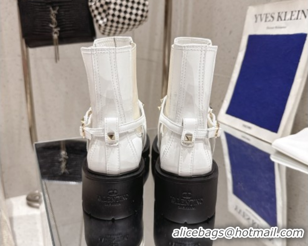 Good Product Valentino Rockstud Strap Heel Ankle Boots 5.5cm in Calfskin Leather White 1028013