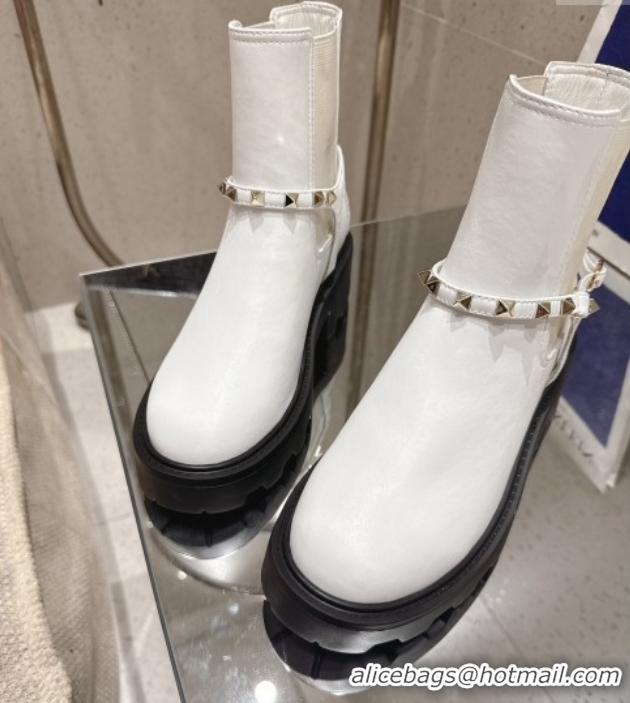 Good Product Valentino Rockstud Strap Heel Ankle Boots 5.5cm in Calfskin Leather White 1028013