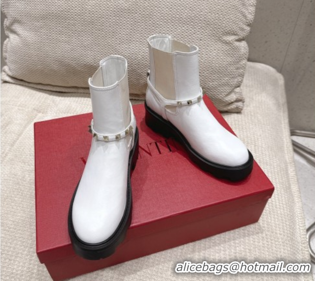 Good Product Valentino Rockstud Strap Heel Ankle Boots 5.5cm in Calfskin Leather White 1028013