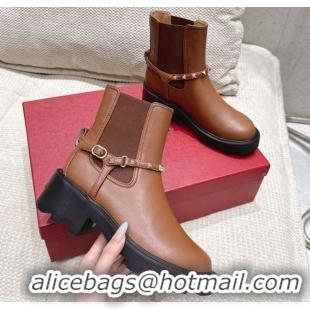 Unique Style Valentino Rockstud Strap Heel Ankle Boots 5.5cm in Calfskin Leather Brown 1028014
