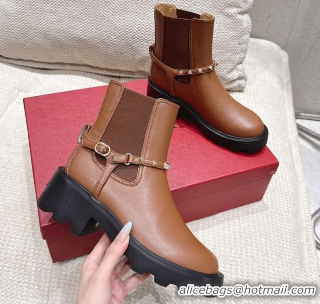 Unique Style Valentino Rockstud Strap Heel Ankle Boots 5.5cm in Calfskin Leather Brown 1028014