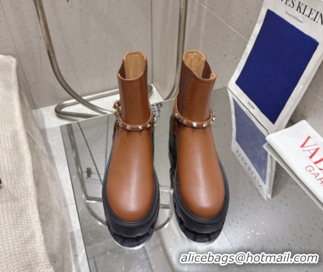 Unique Style Valentino Rockstud Strap Heel Ankle Boots 5.5cm in Calfskin Leather Brown 1028014