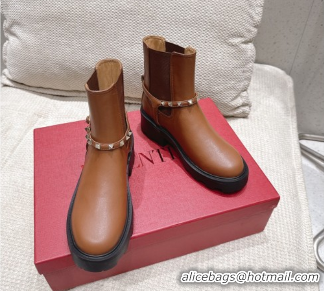 Unique Style Valentino Rockstud Strap Heel Ankle Boots 5.5cm in Calfskin Leather Brown 1028014