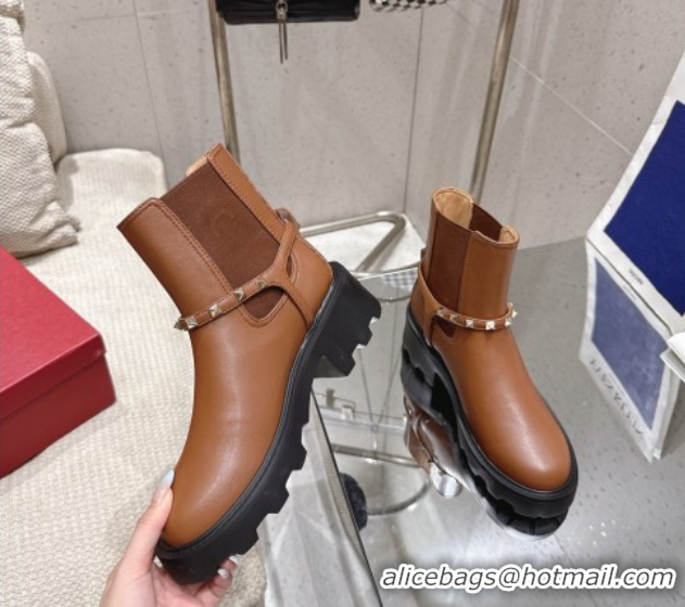 Unique Style Valentino Rockstud Strap Heel Ankle Boots 5.5cm in Calfskin Leather Brown 1028014
