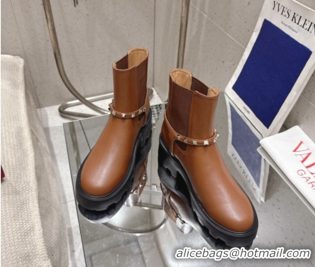 Unique Style Valentino Rockstud Strap Heel Ankle Boots 5.5cm in Calfskin Leather Brown 1028014