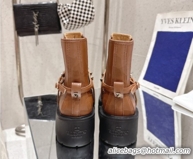 Unique Style Valentino Rockstud Strap Heel Ankle Boots 5.5cm in Calfskin Leather Brown 1028014