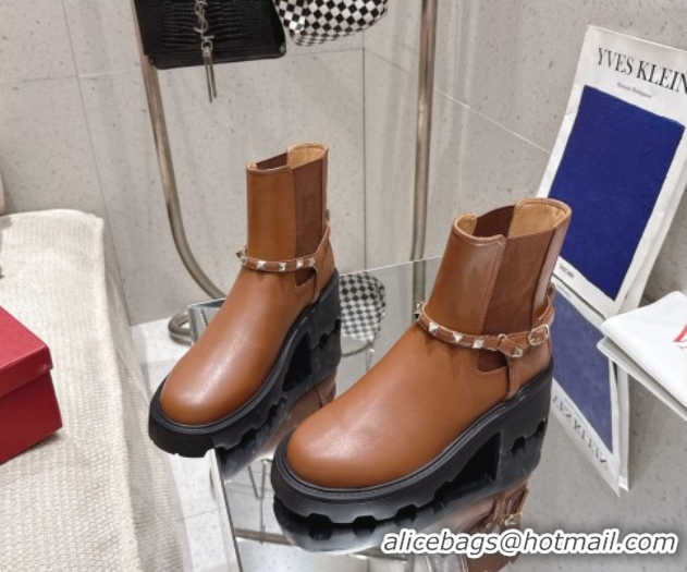 Unique Style Valentino Rockstud Strap Heel Ankle Boots 5.5cm in Calfskin Leather Brown 1028014