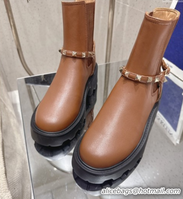 Unique Style Valentino Rockstud Strap Heel Ankle Boots 5.5cm in Calfskin Leather Brown 1028014