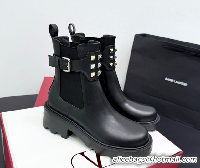 Best Product Valentino Rockstud Strap Heel Ankle Boots 5.5cm in Calfskin Leather Brown 1028018