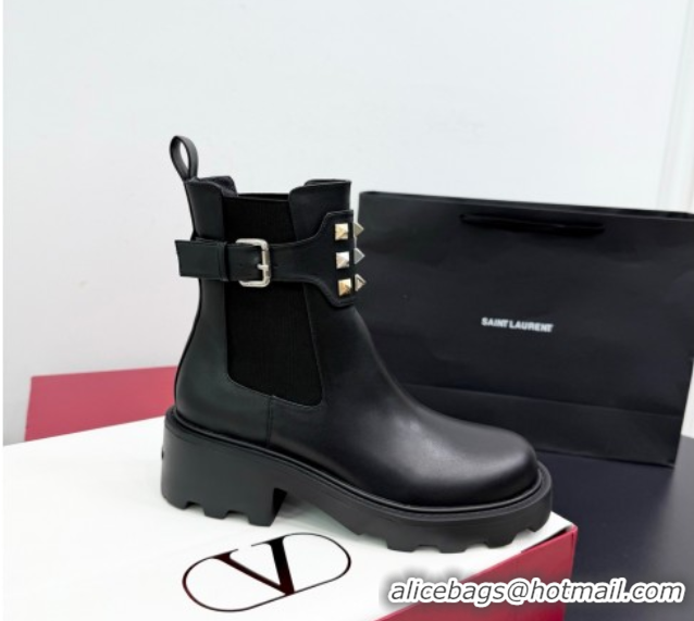 Best Product Valentino Rockstud Strap Heel Ankle Boots 5.5cm in Calfskin Leather Brown 1028018