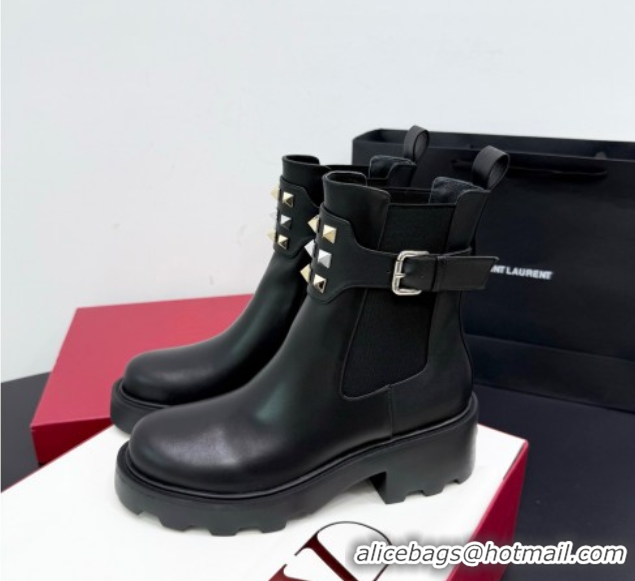 Best Product Valentino Rockstud Strap Heel Ankle Boots 5.5cm in Calfskin Leather Brown 1028018