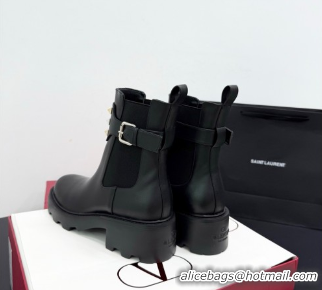 Best Product Valentino Rockstud Strap Heel Ankle Boots 5.5cm in Calfskin Leather Brown 1028018