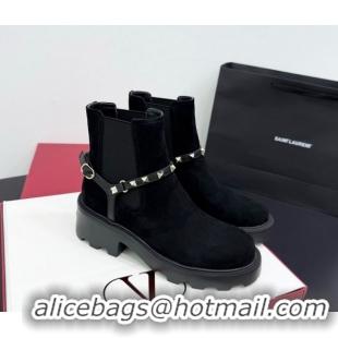 Shop Duplicate Valentino Rockstud Strap Heel Ankle Boots 5.5cm in Suede Black 1028020