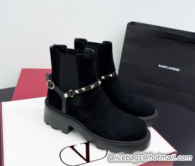 Shop Duplicate Valentino Rockstud Strap Heel Ankle Boots 5.5cm in Suede Black 1028020