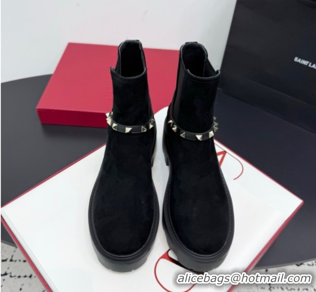 Shop Duplicate Valentino Rockstud Strap Heel Ankle Boots 5.5cm in Suede Black 1028020