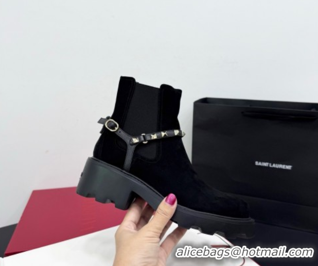 Shop Duplicate Valentino Rockstud Strap Heel Ankle Boots 5.5cm in Suede Black 1028020