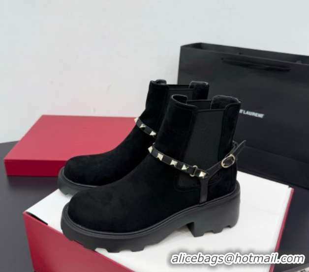Shop Duplicate Valentino Rockstud Strap Heel Ankle Boots 5.5cm in Suede Black 1028020