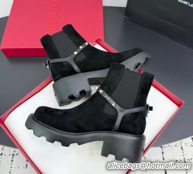 Shop Duplicate Valentino Rockstud Strap Heel Ankle Boots 5.5cm in Suede Black 1028020