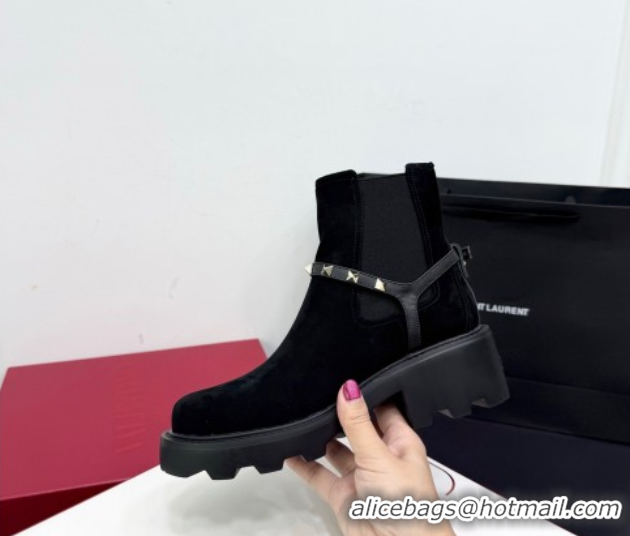 Shop Duplicate Valentino Rockstud Strap Heel Ankle Boots 5.5cm in Suede Black 1028020