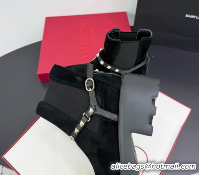 Shop Duplicate Valentino Rockstud Strap Heel Ankle Boots 5.5cm in Suede Black 1028020