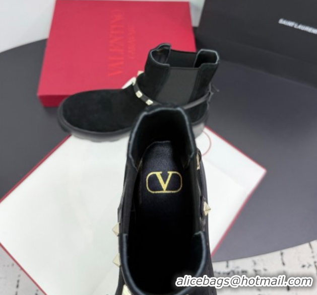 Shop Duplicate Valentino Rockstud Strap Heel Ankle Boots 5.5cm in Suede Black 1028020
