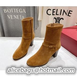 Top Design Valentino Suede Heel Ankle Boots 7.5cm with Buckle Brown Yellow 1028032