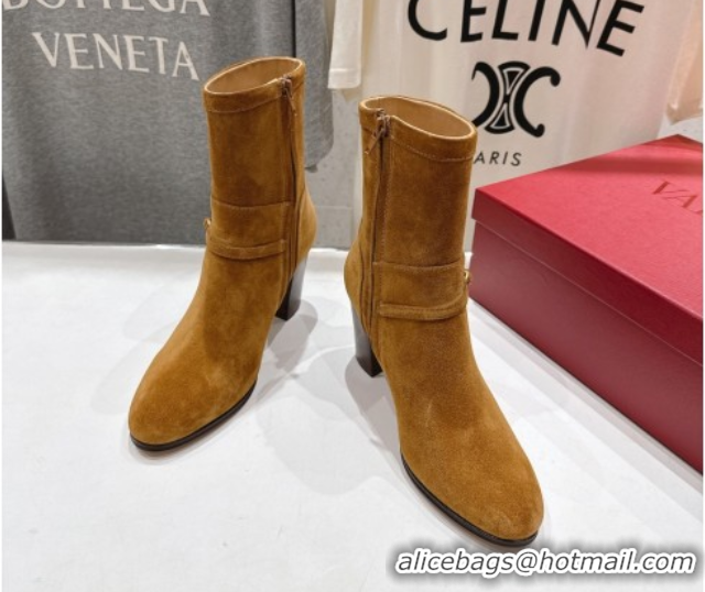 Top Design Valentino Suede Heel Ankle Boots 7.5cm with Buckle Brown Yellow 1028032