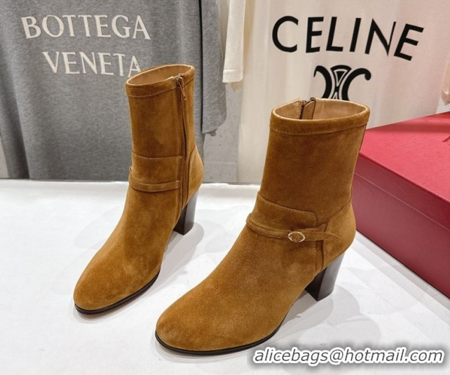 Top Design Valentino Suede Heel Ankle Boots 7.5cm with Buckle Brown Yellow 1028032
