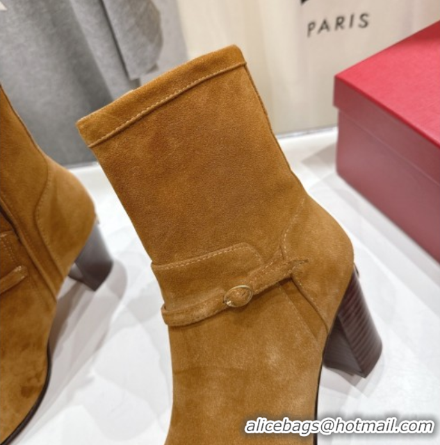 Top Design Valentino Suede Heel Ankle Boots 7.5cm with Buckle Brown Yellow 1028032