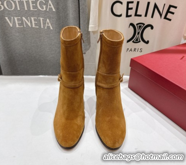 Top Design Valentino Suede Heel Ankle Boots 7.5cm with Buckle Brown Yellow 1028032