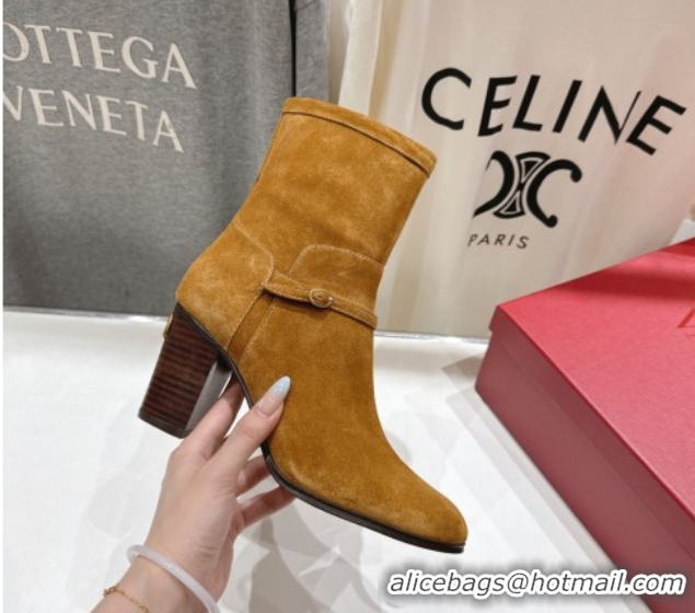 Top Design Valentino Suede Heel Ankle Boots 7.5cm with Buckle Brown Yellow 1028032