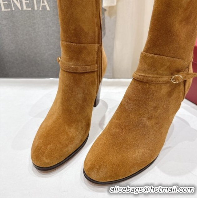 Top Design Valentino Suede Heel Ankle Boots 7.5cm with Buckle Brown Yellow 1028032