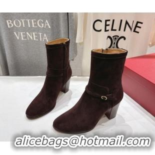 Cheap Price Valentino Suede Heel Ankle Boots 7.5cm with Buckle Dark Brown 1028033