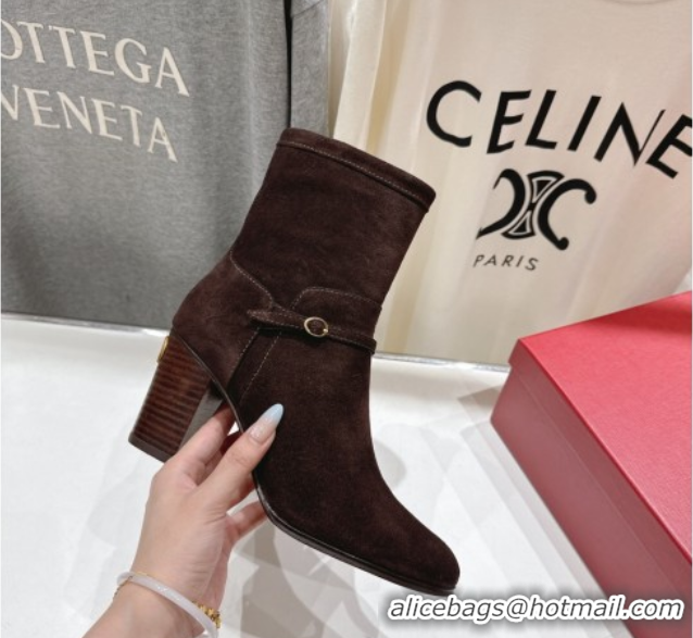 Cheap Price Valentino Suede Heel Ankle Boots 7.5cm with Buckle Dark Brown 1028033