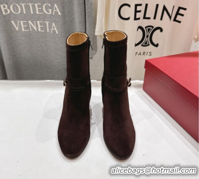 Cheap Price Valentino Suede Heel Ankle Boots 7.5cm with Buckle Dark Brown 1028033