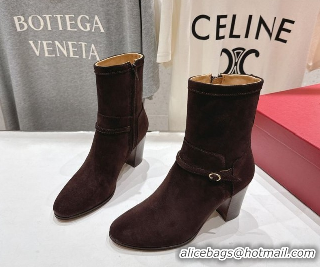 Cheap Price Valentino Suede Heel Ankle Boots 7.5cm with Buckle Dark Brown 1028033