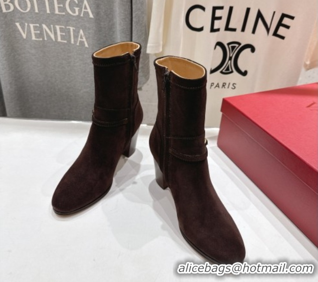 Cheap Price Valentino Suede Heel Ankle Boots 7.5cm with Buckle Dark Brown 1028033