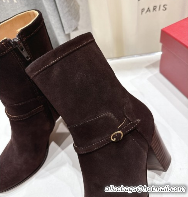 Cheap Price Valentino Suede Heel Ankle Boots 7.5cm with Buckle Dark Brown 1028033