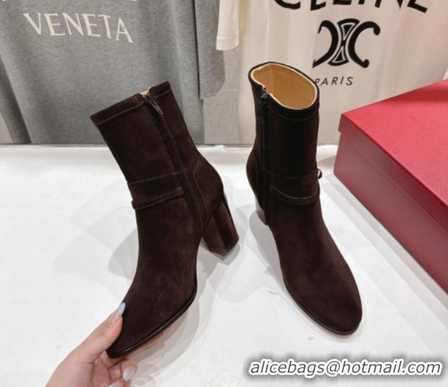 Cheap Price Valentino Suede Heel Ankle Boots 7.5cm with Buckle Dark Brown 1028033